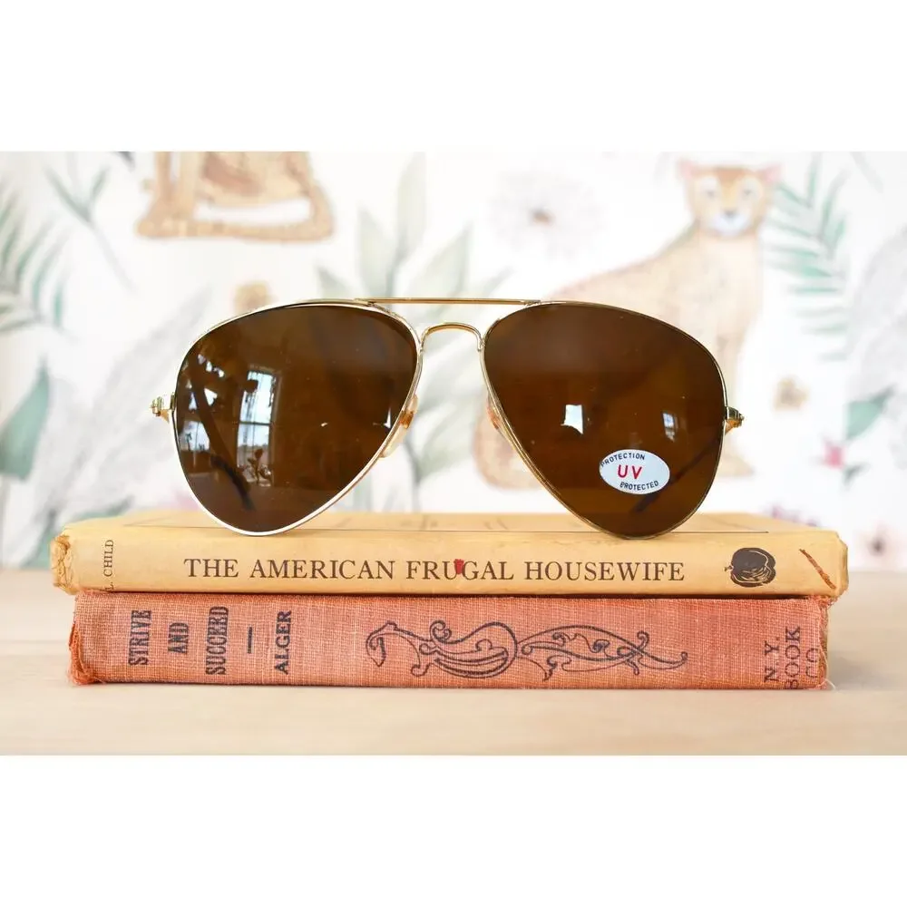 Vintage 1990s Aviator Sunglasses NOS Gold Tone Grandpa Pilot Outdoor Retro